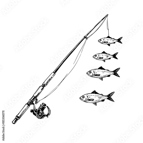 Illustration of a fishing rod with a reel and four fish hanging from the line in black and white style