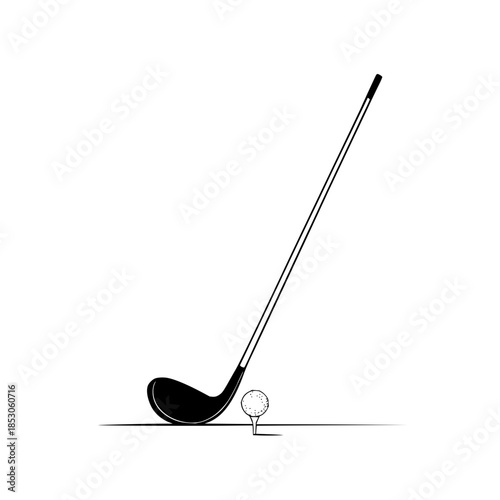 A simple black and white illustration of a golf club poised above a golf ball on a tee on a flat surface