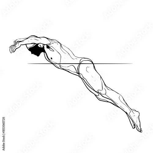 Illustration of a swimmer diving into water with a cap and goggles in black and white outline art