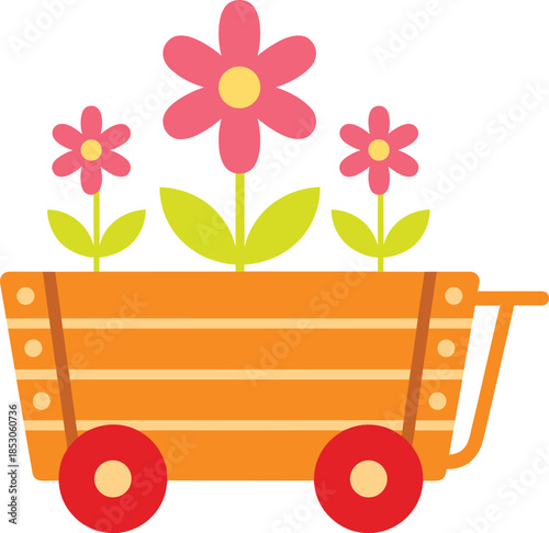 Cute garden cart with blooming flowers representing spring gardening nature and playful outdoor flat vector illustration