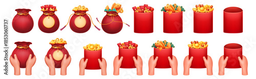 Chinese envelopes and bags with money. Vector hands holding traditional pouch, empty and filled with gold, fish and coins. Asian festive decorations set. Prosperity, luck and traditional celebration