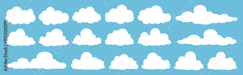 set of vector illustrations of clumpy clouds, cloud bubbles in flat style on a blue background	

