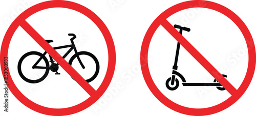 No bicycle and no electric scooter prohibition signs representing restricted vehicles area safety regulation flat vector illustration