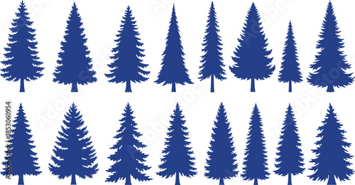 Dark blue evergreen tree silhouettes in two horizontal rows on white background stylized conifer shapes for forest design 