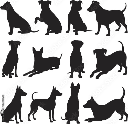 Collection of dog silhouettes in various poses including sitting, standing, lying down, and playful stances for design illustration