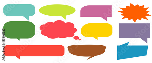 A simple design set of colorful message comment chat boxes. A collection of comic and social media speech bubbles, text boxes, and chat boxes. A vector set of comic and social media speech bubbles.