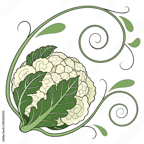 Realistic cauliflower with green leaf spiral composition