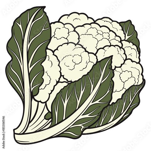 Single fresh cauliflower head with green leaves vegetable