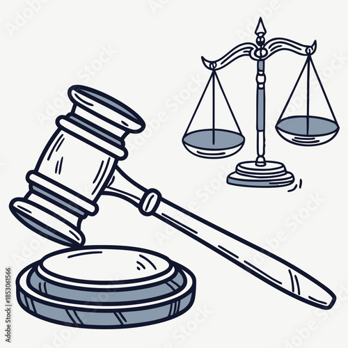 Gavel and scales of justice floating above transparent circle