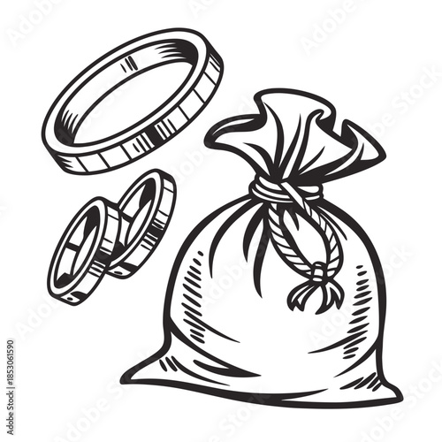 Metallic rings rotating around a money bag finance