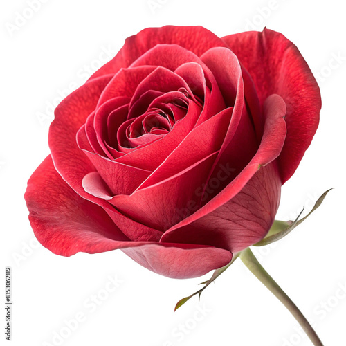 Close-up of single vibrant red rose bloom with stem showing delicate petals