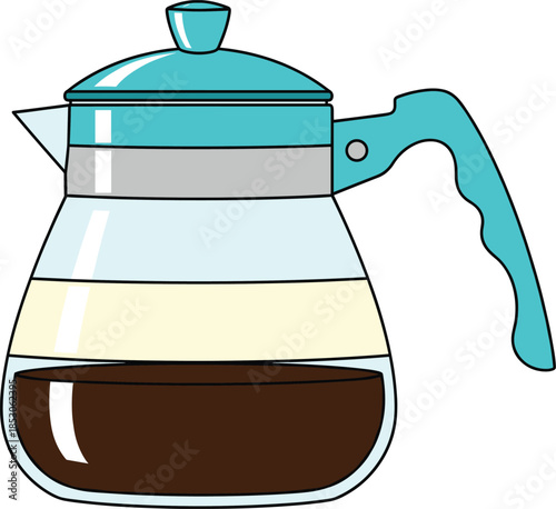 Glass coffee pot with turquoise handle showing layered brewed beverage representing cafe service and kitchen drinkware flat vector illustration