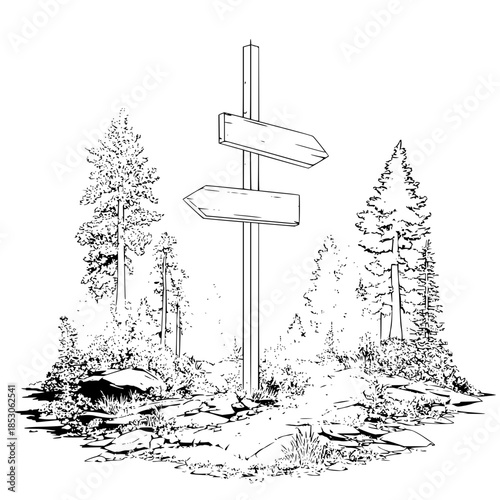 Directional signpost in a forest clearing with trees and rocks drawn in black and white outline style