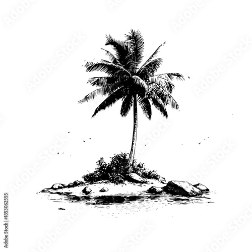 A lone palm tree on a small island with rocks and vegetation in a black and white illustration style
