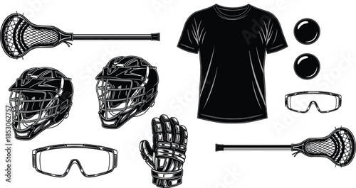 Vector illustration of lacrosse gear including helmets, sticks, gloves, balls, goggles, and shirt for sports training, protection, and competition.