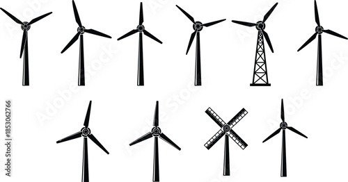 Vector silhouette set of wind turbines and traditional windmill for renewable energy, power generation, sustainable infrastructure, and environmental design concept.