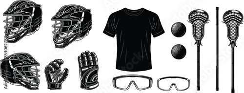 Vector illustration of lacrosse equipment including helmets, sticks, gloves, balls, goggles, and shirt for sports gear, training, and protection.