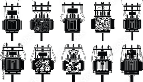 Vector illustration of stylized electrical transformers with internal mechanical patterns for industrial design, energy infrastructure, and technical concept art.