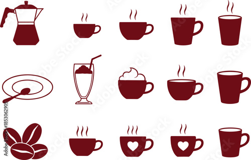 Coffee icons set with cups mugs beans and brewing tools representing cafe menu beverages and minimalist vector design