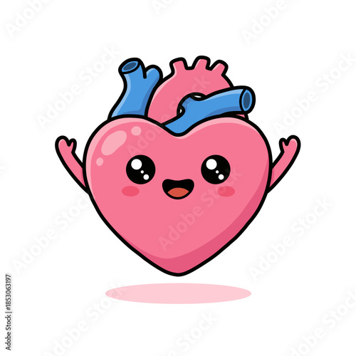 Flat Illustration Adorable Heart Character with Happy Face Organ Anatomy