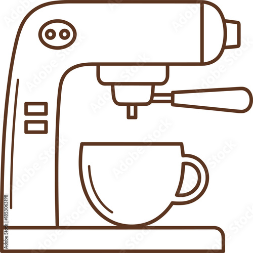 Espresso coffee machine outline illustration with cup representing home brewing equipment and cafe appliance vector design