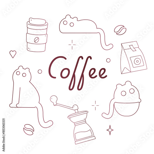 Hand-drawn doodle vector illustration of coffee shop elements and icons featuring coffee beans, croissants, grinders, moka pots, and various desserts in a minimalist line art style with "Coffee Shop" 