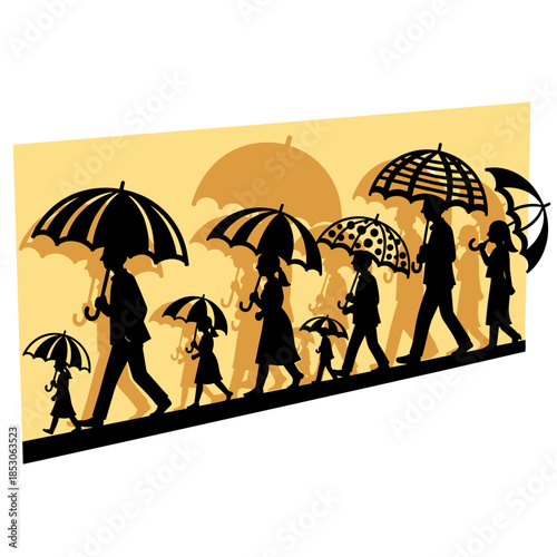 Shadow silhouettes of people with umbrellas walking on sunny background  