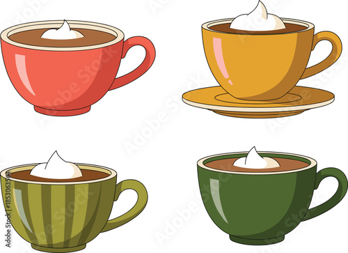Colorful coffee cups set with cream topping representing hot beverages cafe service and cozy flat vector illustration