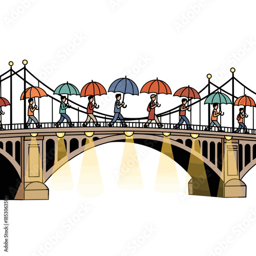 People walking with umbrellas across illuminated bridge at night  