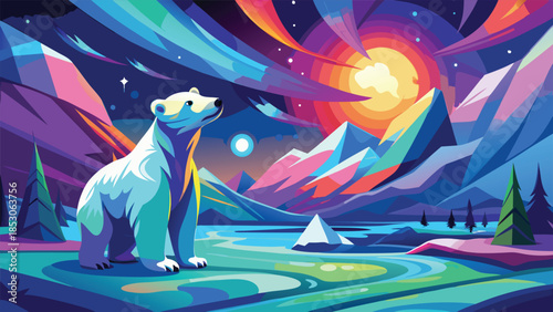 Stylized polar bear in a colorful arctic landscape