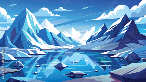 Stylized arctic mountain range reflected in icy water