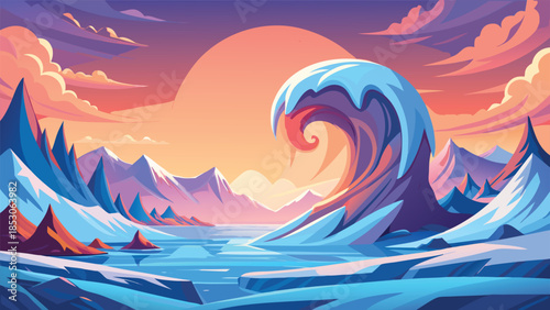 Stylized frozen wave and icy mountains at sunset landscape
