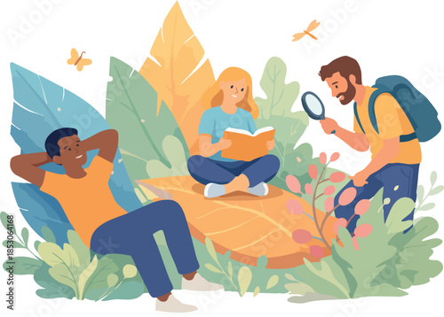 A flat vector illustration showing three people relaxing and exploring nature together, with one reading a book, one examining plants with a magnifying glass, and one resting among oversized leaves