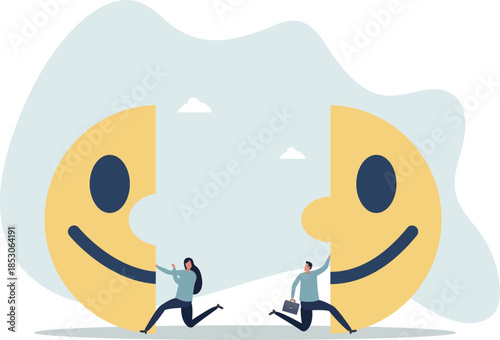 Happiness in workplace, emotional intelligence or mental wellbeing, customer satisfaction or review feedback concept.Life and employment of people.