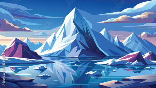 Stylized arctic landscape with sharp peaks and reflective water