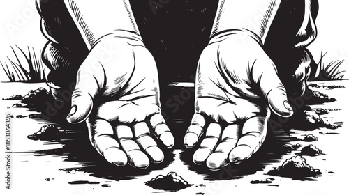 Black and White Illustration of Two Open Hands Reaching Out from the Ground Symbolizing Desperation, Hope, and Humanitarian Needs in a Social and Environmental Context.