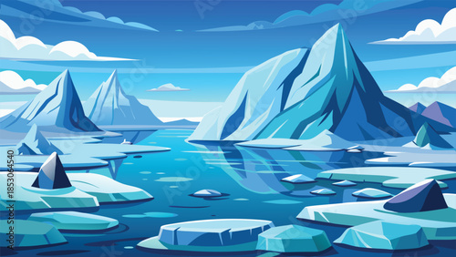 Cartoon arctic landscape with icebergs and water blue