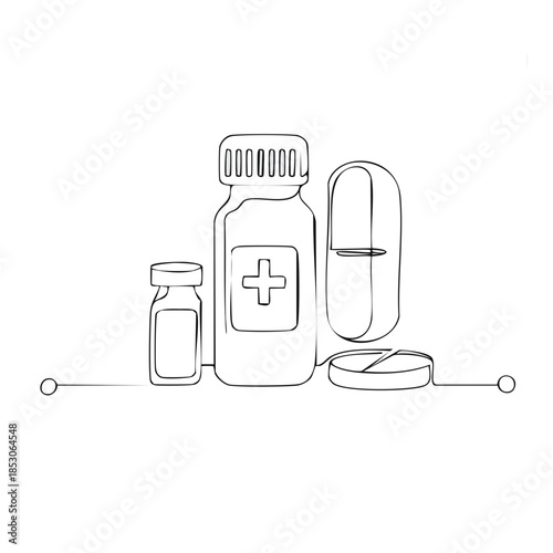 Outline drawing of medicines bottle, pill, capsules, vector illustration for medical