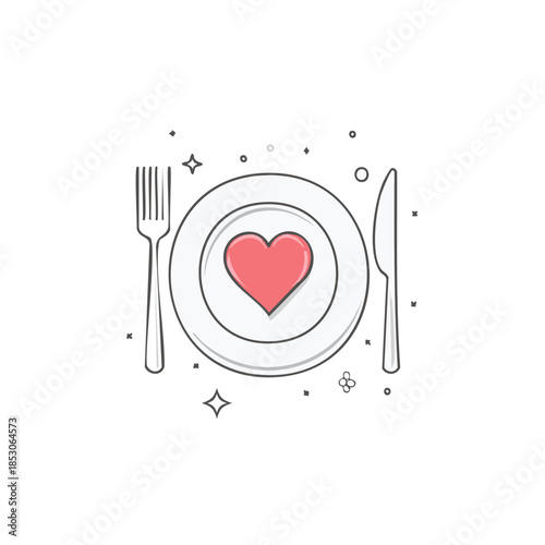 Vector illustration of romantic dinner plate with heart, fork and knife for food love celebration on white background