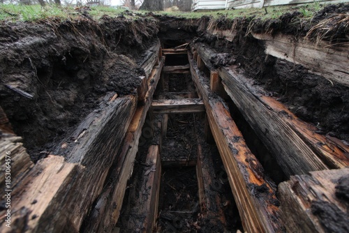 Unearthed Wooden Framework in Soil for Construction or Archaeology Project.