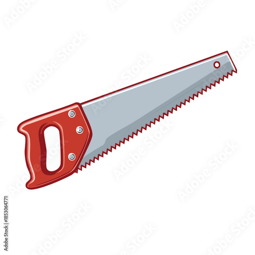 Hand Saw Illustration: Carpentry Tool with Red Handle and Silver Blade