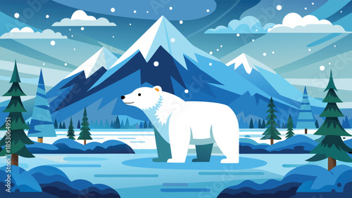 Polar bear standing on ice with snowy mountains and pine trees
