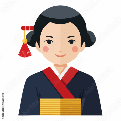 Asian Geisha Portrait: A beautiful illustration of a geisha woman in traditional attire, showcasing the elegance of Japanese culture, wearing a kimono and delicate hair ornaments, with a serene smile.