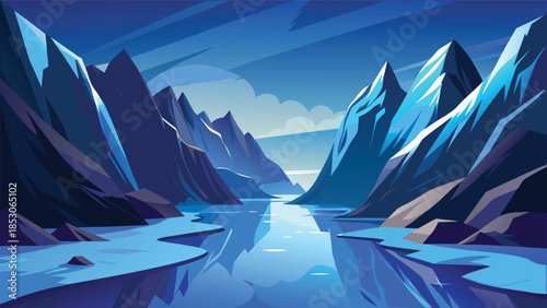 Jagged blue mountains reflect in calm glacial river