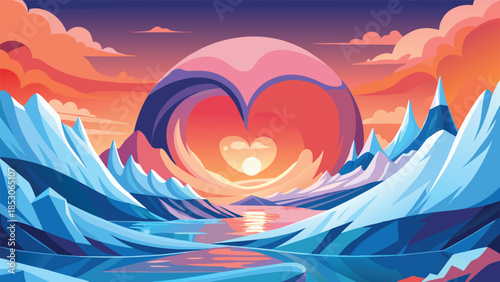 Heart shaped portal in icy landscape at sunset