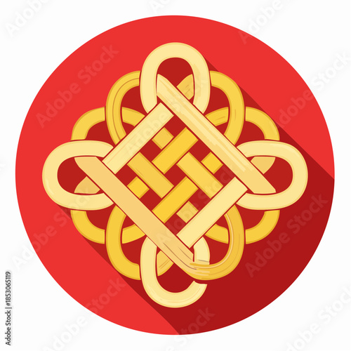Ancient Knot in Circle: A symmetrical, golden knot design, presented within a red circular frame, echoing the grace and complex design of ancient cultures. 