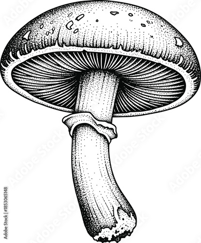 Stippled black and white mushroom fungus botanical illustration isolated on white background, CAD drawing flat vector illustration, organic nature design element