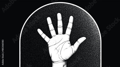 Stippled blue and white human hand palm open inside archway frame, mystical spiritual concept, cad drawing flat vector illustration, isolated