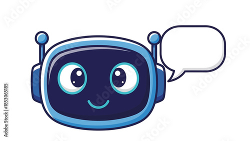 Cute blue robot chatbot icon with speech bubble. Flat vector illustration of AI assistant character and communication symbol isolated on white background