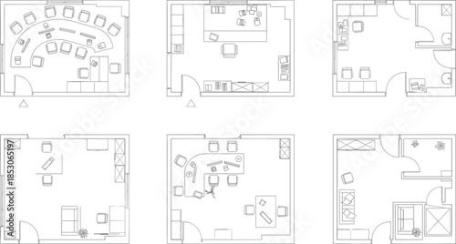 Office interior floor plan layouts set with furniture arrangement, top view architectural drawings for workspace planning and commercial interior design projects